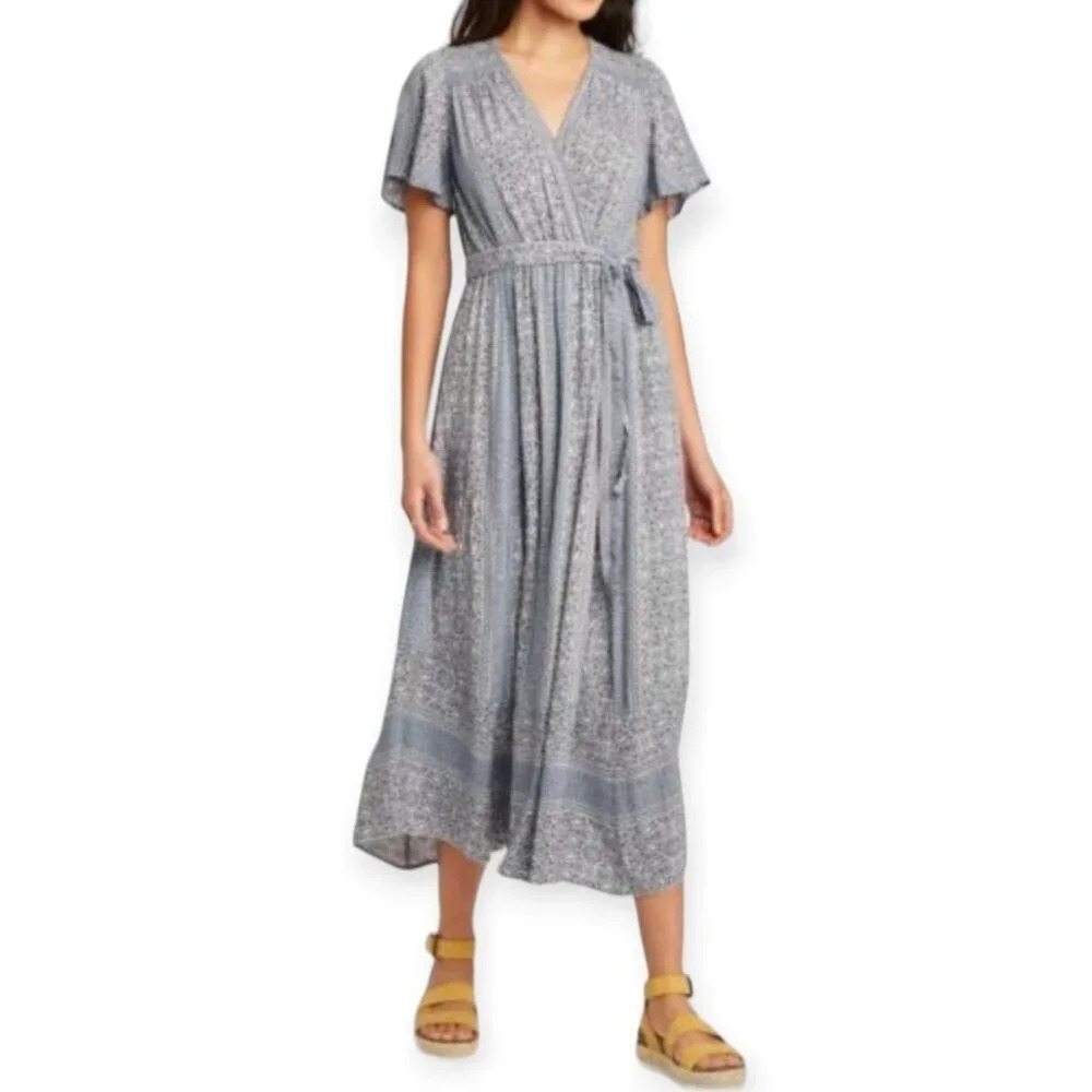 Knox Rose Blue & White Wrap Tie Waist Style Flowy Dress Flutter Sleeve Women S